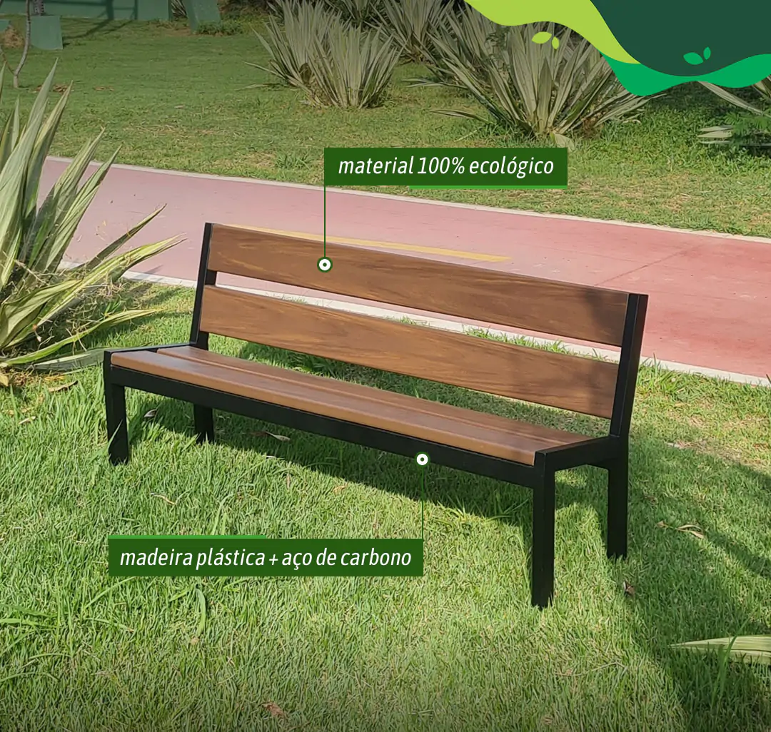 Mobiliário urbano ecológico - Bancos sustentáveis de aço e madeira plástica