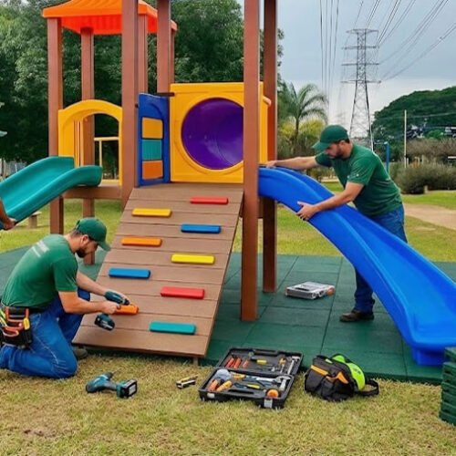 Equipe de montagem de playground treinada