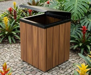 Lixeira Ecológica de Madeira Plástica e tampa de aço carbono de 67 litros - Steel Prime - Em área Pública