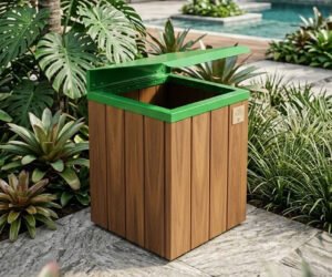 Lixeira Ecológica de Madeira Plástica e tampa de aço carbono de 67 litros - Steel Prime - Em residência casa