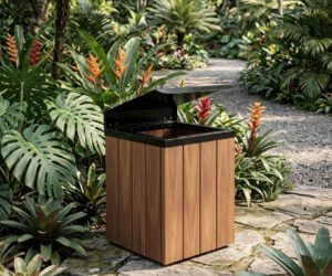 Lixeira de Madeira Plástica e aço carbono de 67 litros - Steel Prime - Em parque