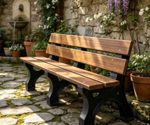 Banco Oka de 1,50m em jardim residencial